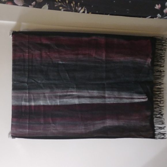 Large Striped Black Gray and Purple Fringe Scarf - Picture 2 of 9